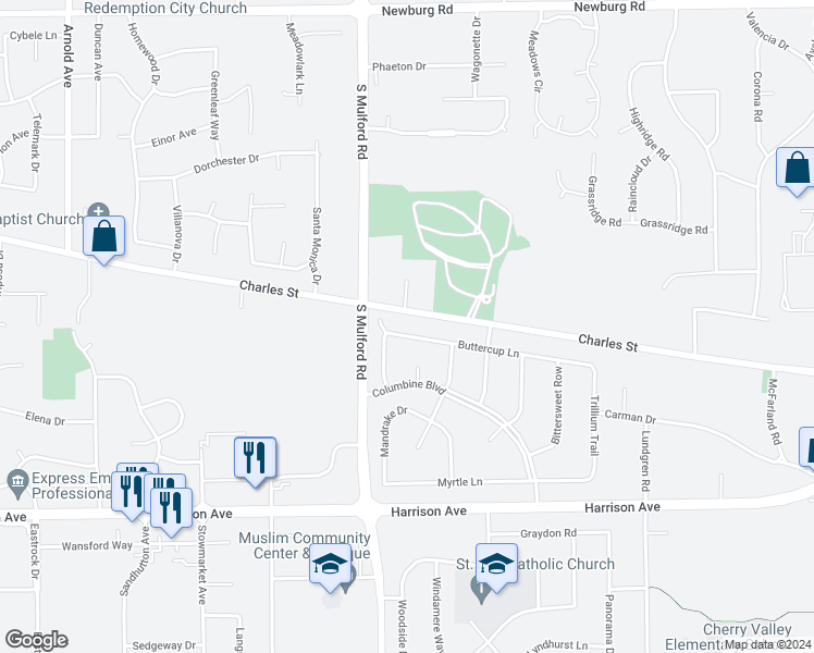 map of restaurants, bars, coffee shops, grocery stores, and more near 6084 Buttercup Lane in Rockford