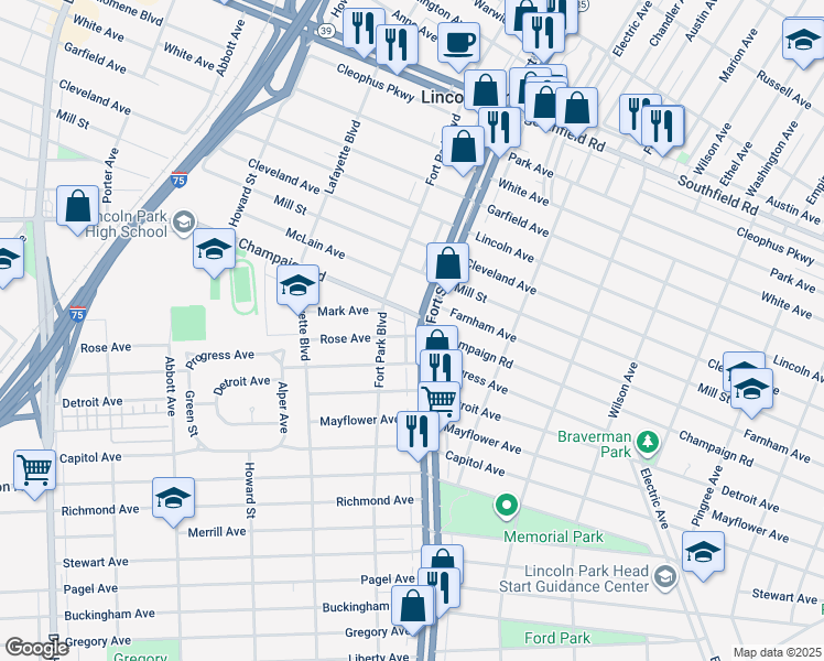map of restaurants, bars, coffee shops, grocery stores, and more near 1325 Champaign Road in Lincoln Park