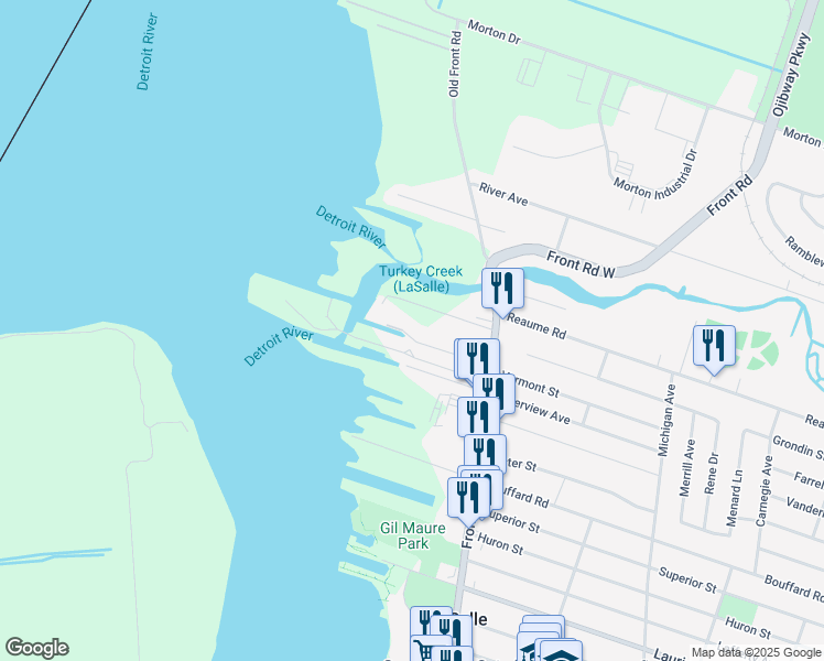 map of restaurants, bars, coffee shops, grocery stores, and more near 35 Major Boulevard in Windsor