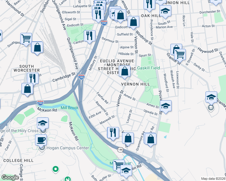 map of restaurants, bars, coffee shops, grocery stores, and more near 78 Harlem Street in Worcester