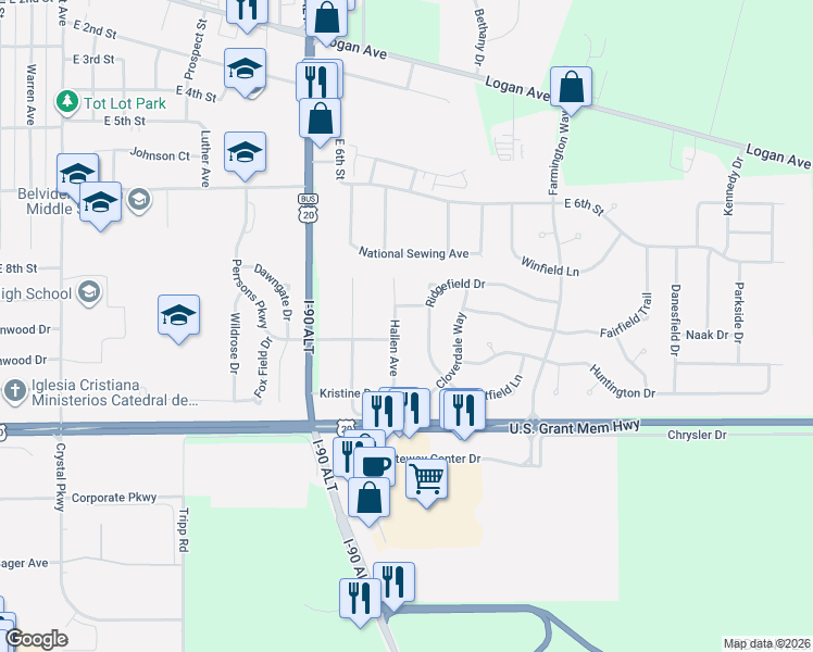 map of restaurants, bars, coffee shops, grocery stores, and more near 6455 Hallen Avenue in Belvidere