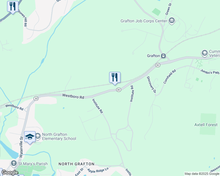 map of restaurants, bars, coffee shops, grocery stores, and more near 131 Westboro Road in Grafton