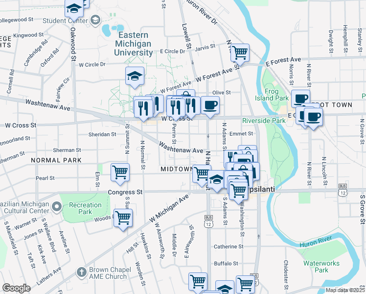 map of restaurants, bars, coffee shops, grocery stores, and more near 207 Ballard Street in Ypsilanti