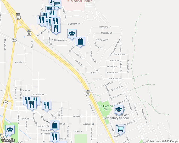 map of restaurants, bars, coffee shops, grocery stores, and more near 117 Dahlia Street in Klamath Falls