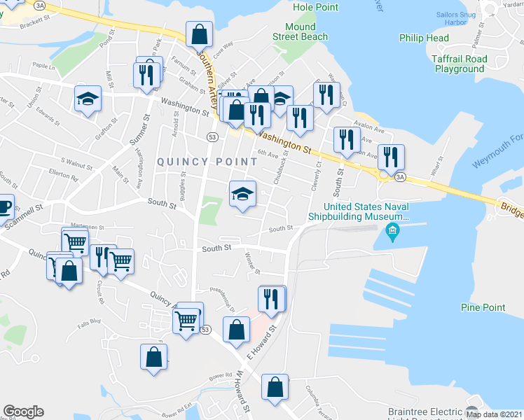 map of restaurants, bars, coffee shops, grocery stores, and more near 12 Sherburne Circle in Quincy