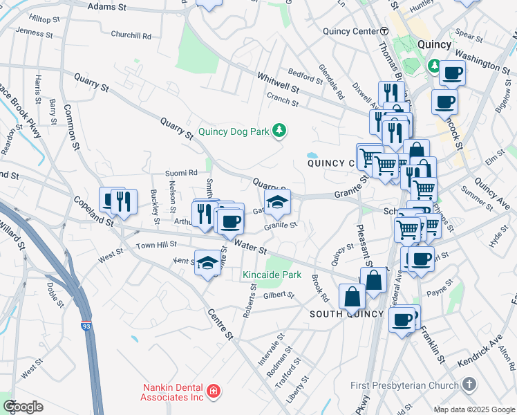 map of restaurants, bars, coffee shops, grocery stores, and more near 54 Quarry Street in Quincy