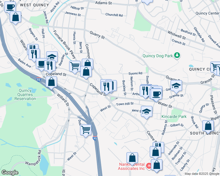 map of restaurants, bars, coffee shops, grocery stores, and more near 45 Morton Street in Quincy