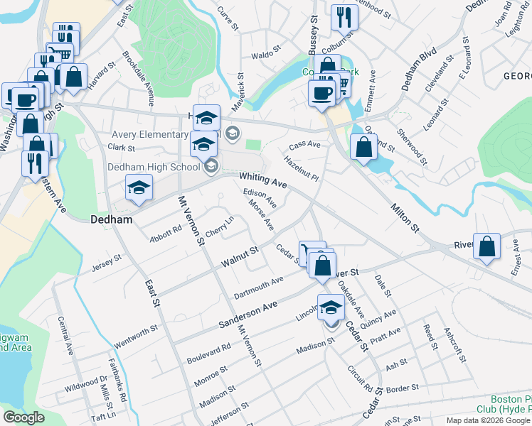 map of restaurants, bars, coffee shops, grocery stores, and more near 18 Edison Avenue in Dedham