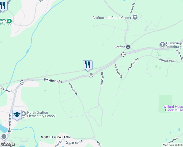 map of restaurants, bars, coffee shops, grocery stores, and more near 137 Westboro Road in Grafton