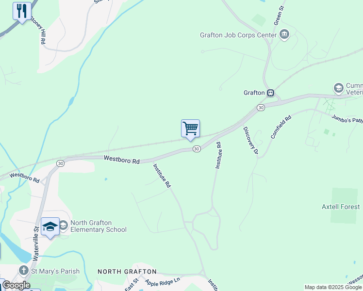 map of restaurants, bars, coffee shops, grocery stores, and more near 131 Westboro Road in Grafton