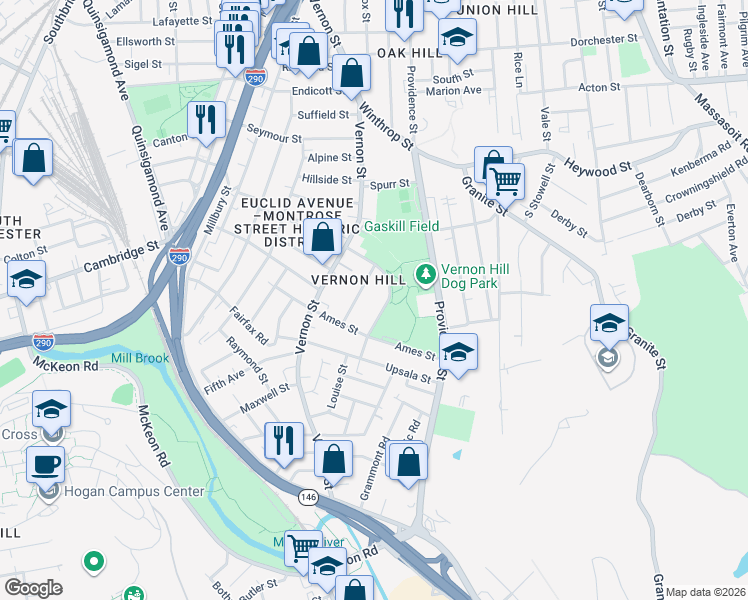 map of restaurants, bars, coffee shops, grocery stores, and more near 7 Fairbanks Street in Worcester