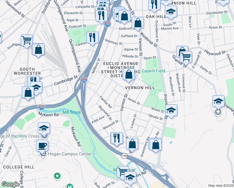 map of restaurants, bars, coffee shops, grocery stores, and more near 78 Harlem Street in Worcester