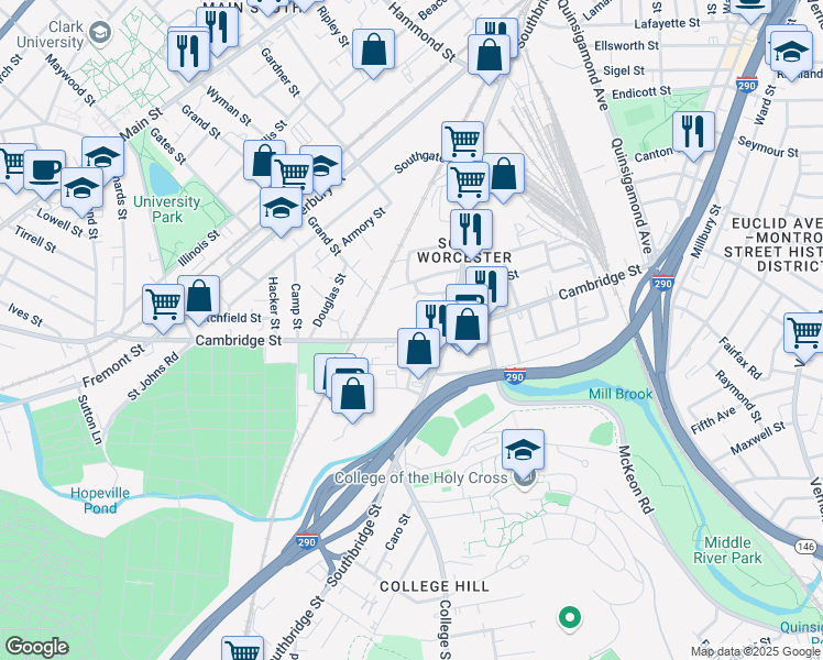 map of restaurants, bars, coffee shops, grocery stores, and more near 4 Homestead Avenue in Worcester