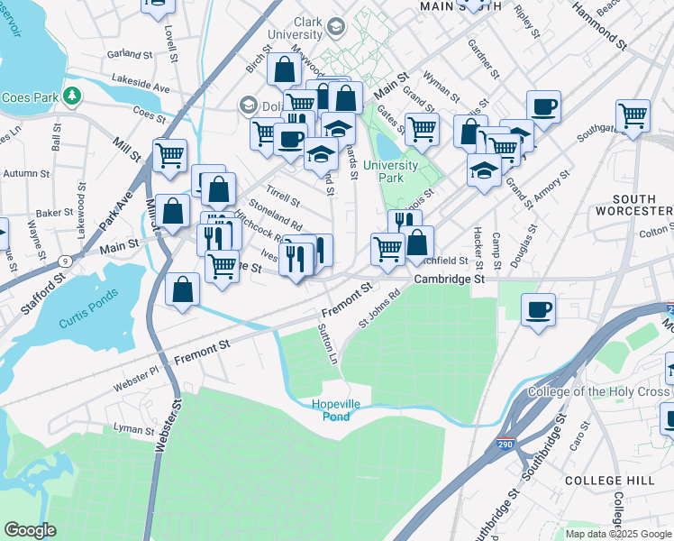 map of restaurants, bars, coffee shops, grocery stores, and more near 51 Freeland Terrace in Worcester