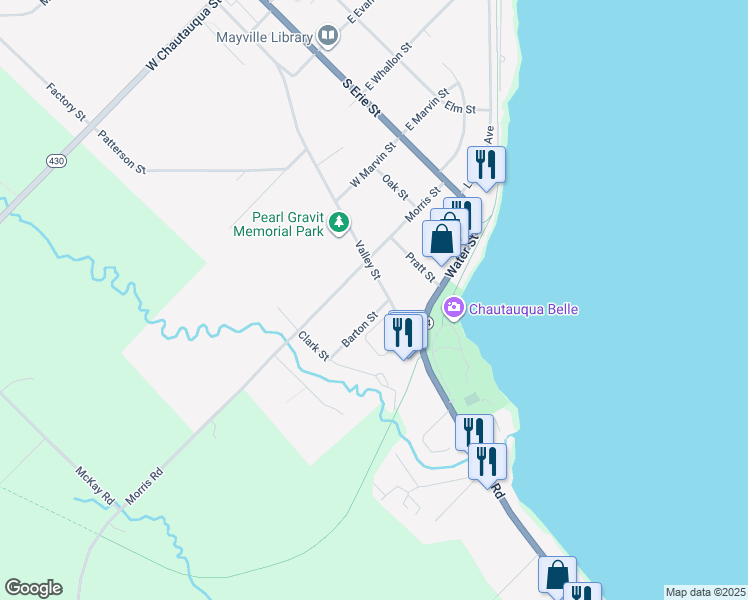 map of restaurants, bars, coffee shops, grocery stores, and more near 104 Valley Street in Mayville