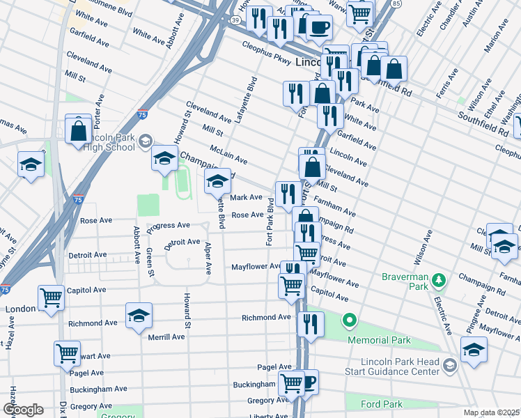 map of restaurants, bars, coffee shops, grocery stores, and more near 1356 Mark Avenue in Lincoln Park