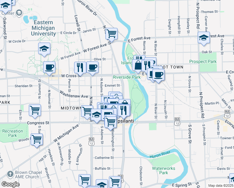map of restaurants, bars, coffee shops, grocery stores, and more near 216 North Washington Street in Ypsilanti