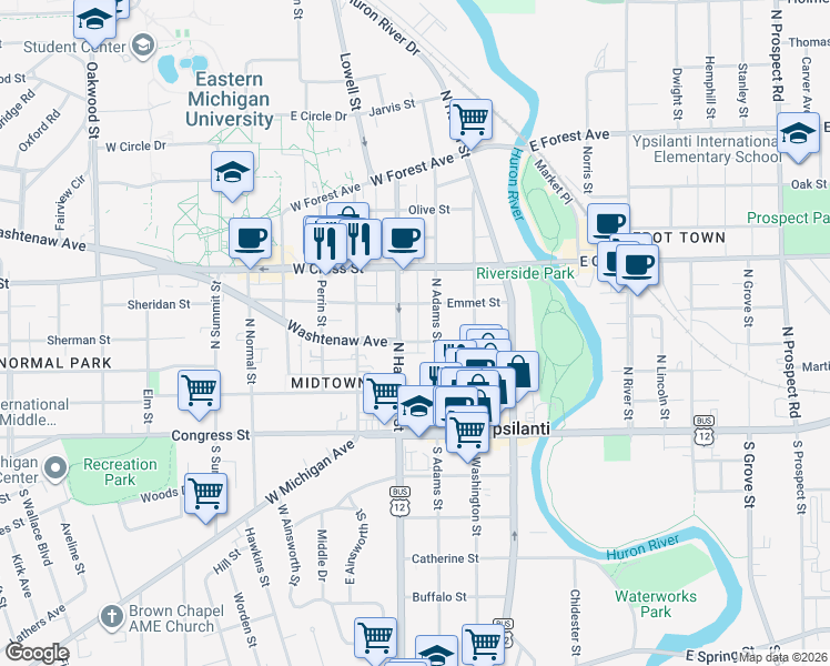 map of restaurants, bars, coffee shops, grocery stores, and more near 216 North Hamilton Street in Ypsilanti