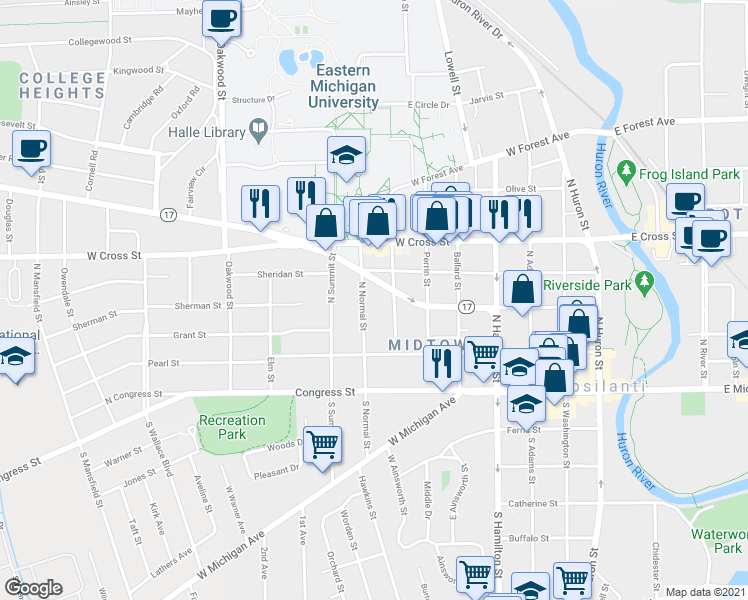 map of restaurants, bars, coffee shops, grocery stores, and more near 219 North Normal Street in Ypsilanti