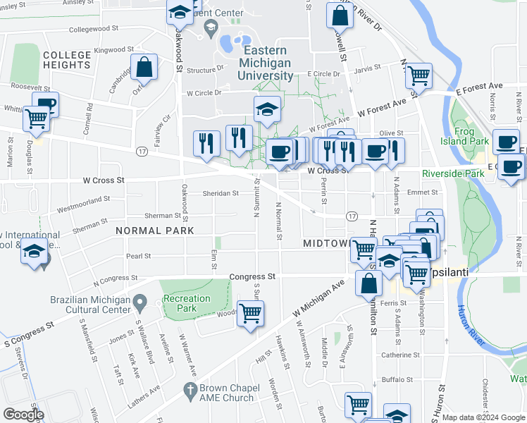 map of restaurants, bars, coffee shops, grocery stores, and more near 219 North Normal Street in Ypsilanti
