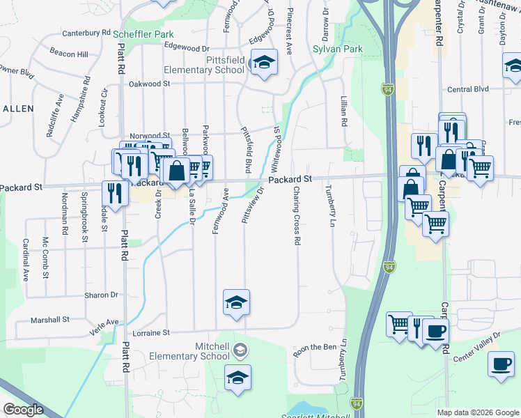 map of restaurants, bars, coffee shops, grocery stores, and more near 3450 Packard Street in Ann Arbor