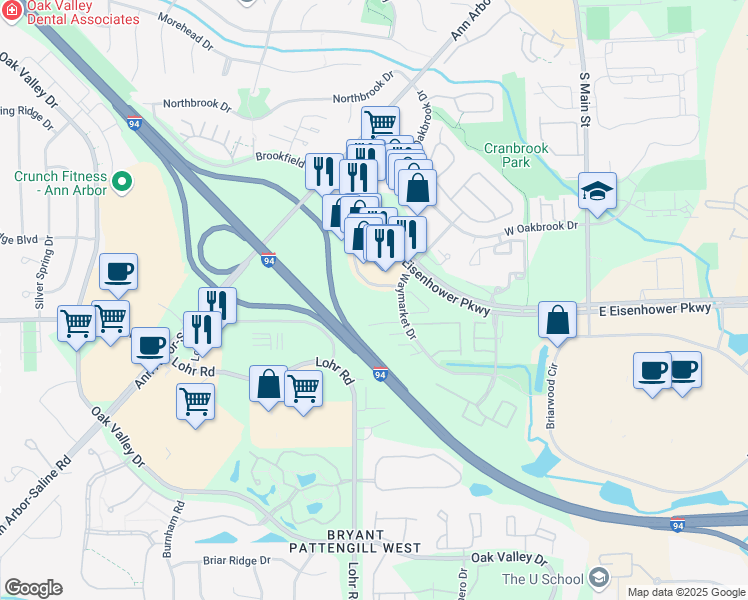map of restaurants, bars, coffee shops, grocery stores, and more near 873 West Eisenhower Circle in Ann Arbor