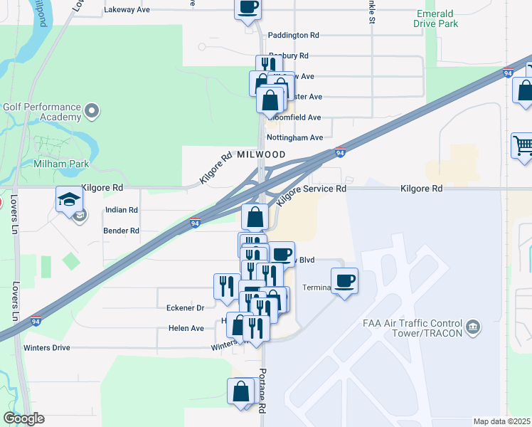 map of restaurants, bars, coffee shops, grocery stores, and more near 5055 Portage Road in Portage