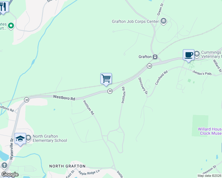 map of restaurants, bars, coffee shops, grocery stores, and more near 137 Westboro Road in Grafton
