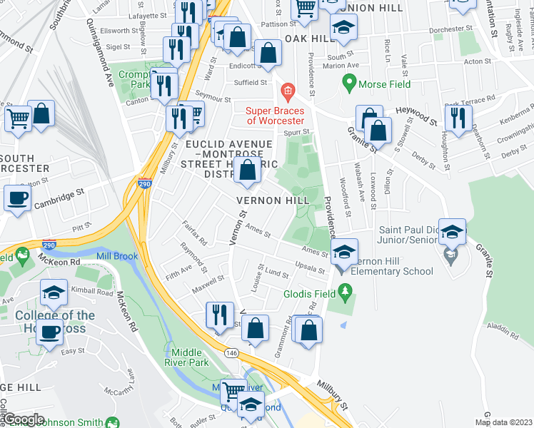 map of restaurants, bars, coffee shops, grocery stores, and more near 20 Fairbanks Street in Worcester