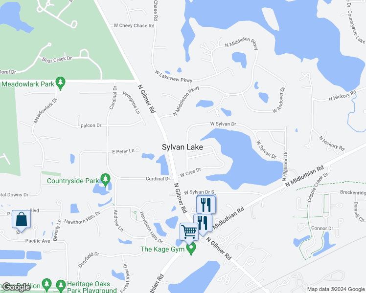map of restaurants, bars, coffee shops, grocery stores, and more near 21530 West Sylvan Drive in Mundelein