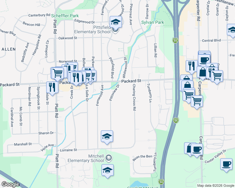 map of restaurants, bars, coffee shops, grocery stores, and more near 3450 Packard Street in Ann Arbor