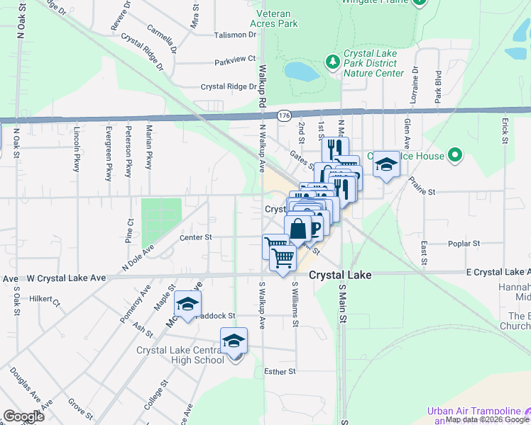 map of restaurants, bars, coffee shops, grocery stores, and more near 102 Minnie Street in Crystal Lake