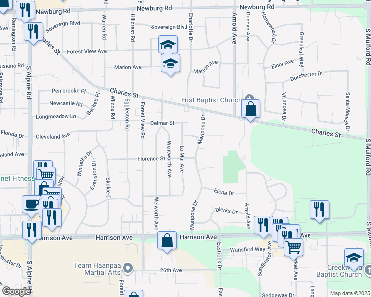 map of restaurants, bars, coffee shops, grocery stores, and more near 2121 La Mar Avenue in Rockford