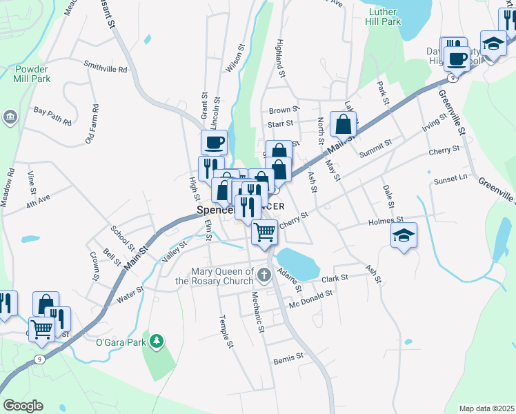 map of restaurants, bars, coffee shops, grocery stores, and more near 154 Main Street in Spencer