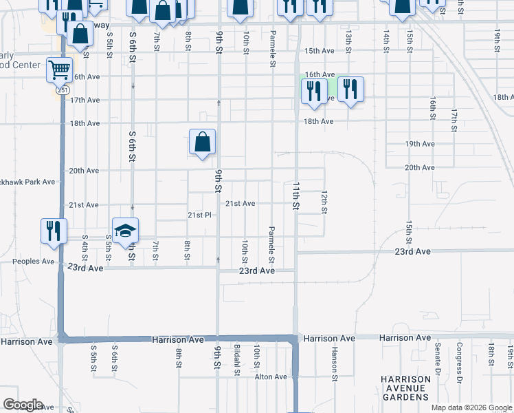 map of restaurants, bars, coffee shops, grocery stores, and more near 1415 21st Avenue in Rockford