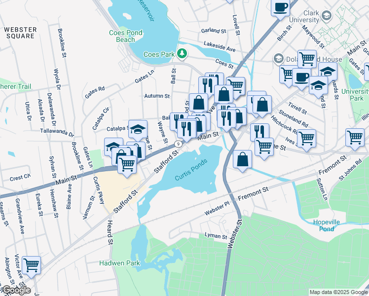 map of restaurants, bars, coffee shops, grocery stores, and more near 1145 Main Street in Worcester