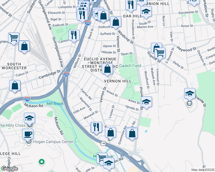 map of restaurants, bars, coffee shops, grocery stores, and more near 157 Vernon Street in Worcester