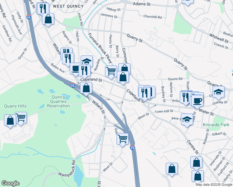 map of restaurants, bars, coffee shops, grocery stores, and more near 96 Cross Street in Quincy