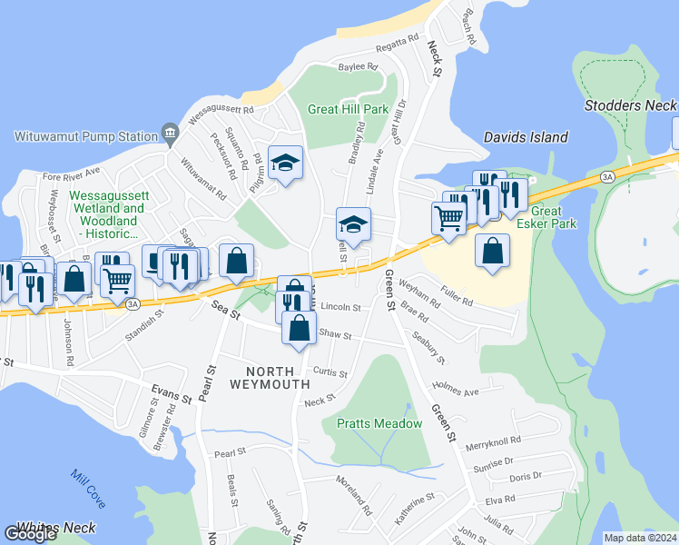 map of restaurants, bars, coffee shops, grocery stores, and more near 585 Bridge Street in Weymouth