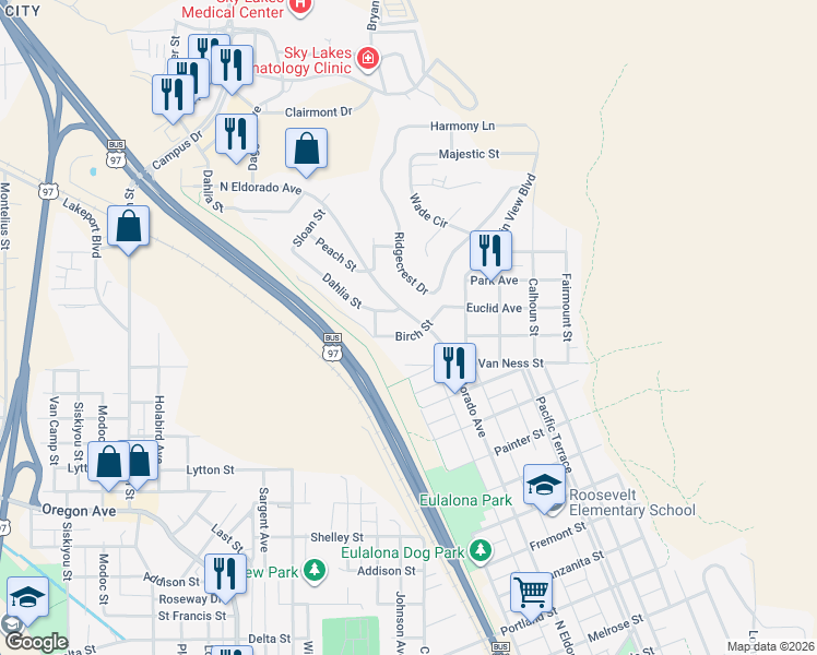 map of restaurants, bars, coffee shops, grocery stores, and more near 1833 North Eldorado Avenue in Klamath Falls