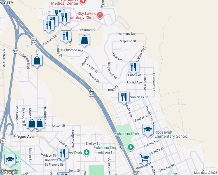 map of restaurants, bars, coffee shops, grocery stores, and more near 1833 North Eldorado Avenue in Klamath Falls