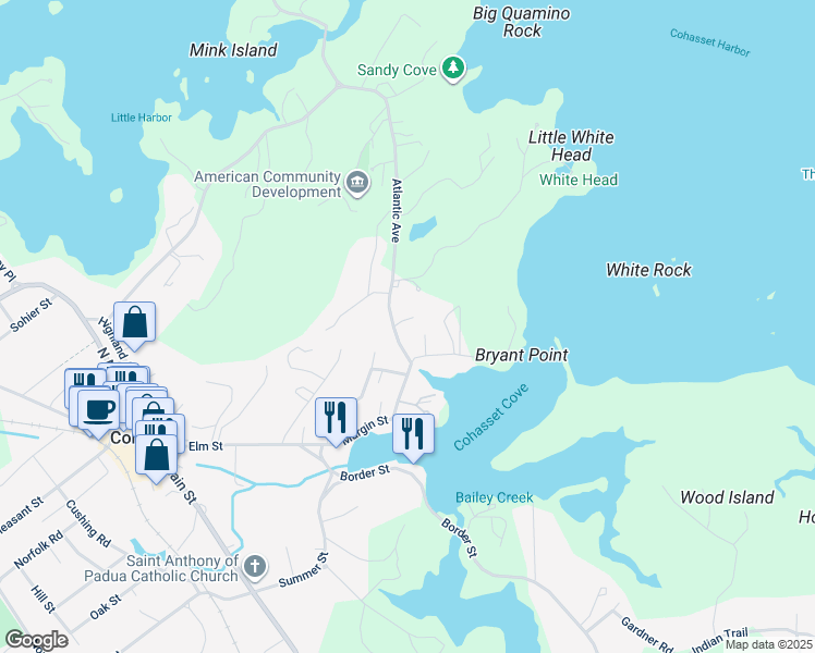 map of restaurants, bars, coffee shops, grocery stores, and more near 31 Atlantic Avenue in Cohasset