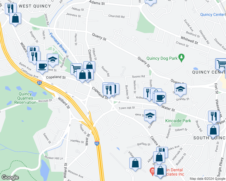 map of restaurants, bars, coffee shops, grocery stores, and more near 268 Common Street in Quincy