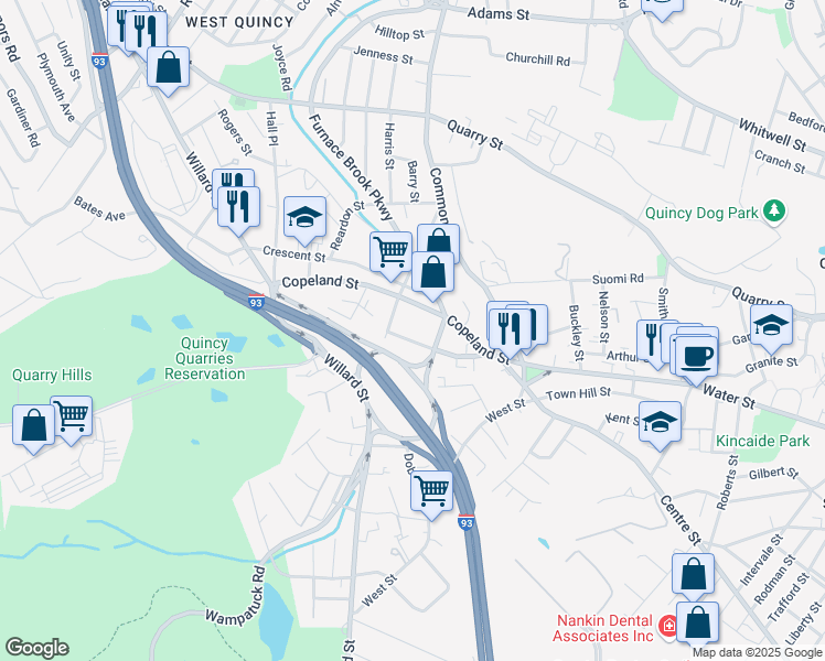 map of restaurants, bars, coffee shops, grocery stores, and more near 96 Cross Street in Quincy