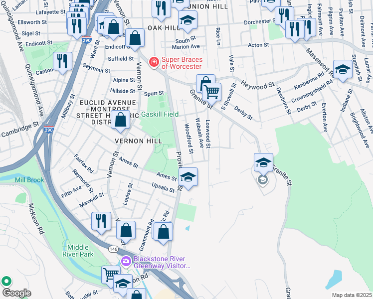 map of restaurants, bars, coffee shops, grocery stores, and more near 24 Woodford Street in Worcester