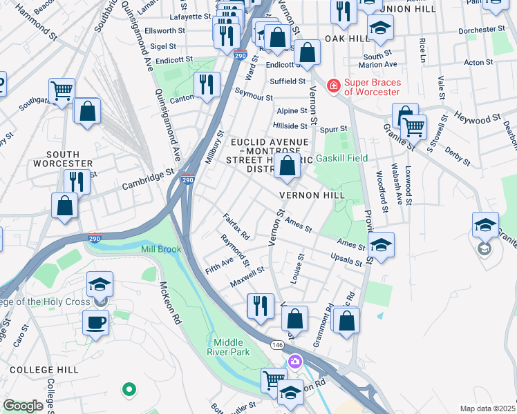 map of restaurants, bars, coffee shops, grocery stores, and more near 78 Harlem Street in Worcester