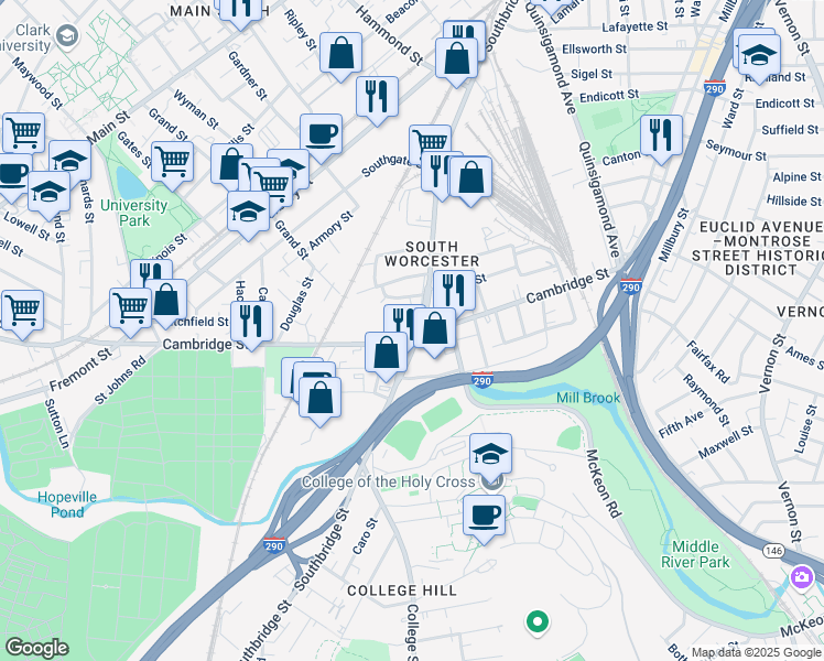 map of restaurants, bars, coffee shops, grocery stores, and more near in Worcester