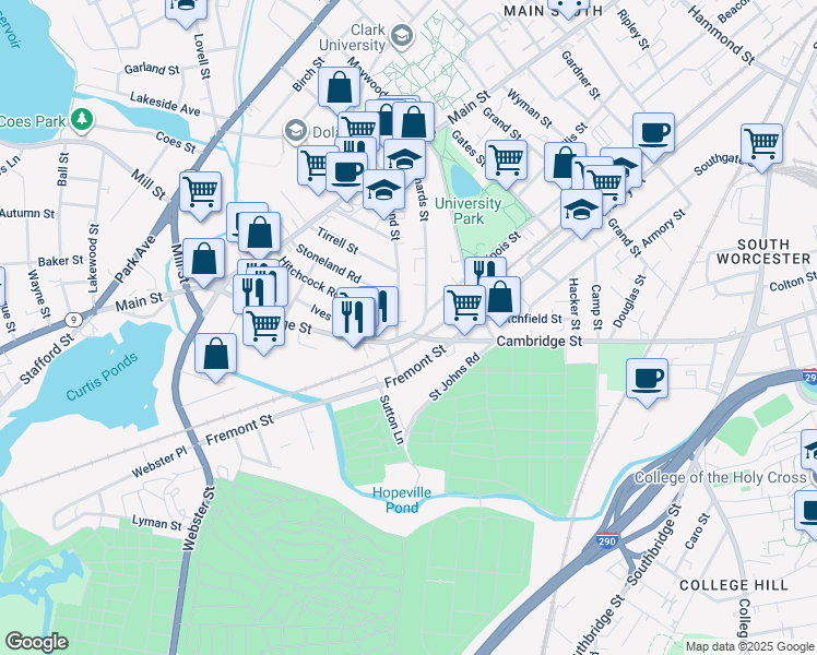 map of restaurants, bars, coffee shops, grocery stores, and more near 51 Freeland Terrace in Worcester