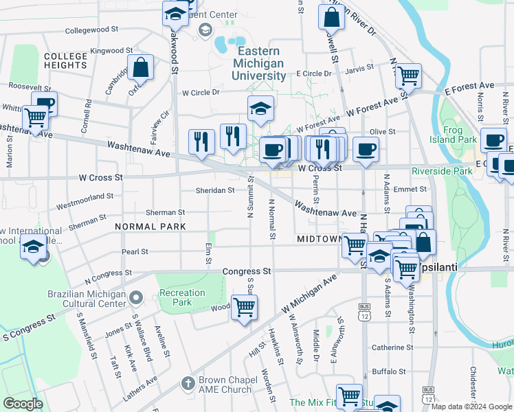map of restaurants, bars, coffee shops, grocery stores, and more near 219 North Normal Street in Ypsilanti