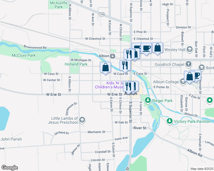 map of restaurants, bars, coffee shops, grocery stores, and more near 217 West Center Street in Albion